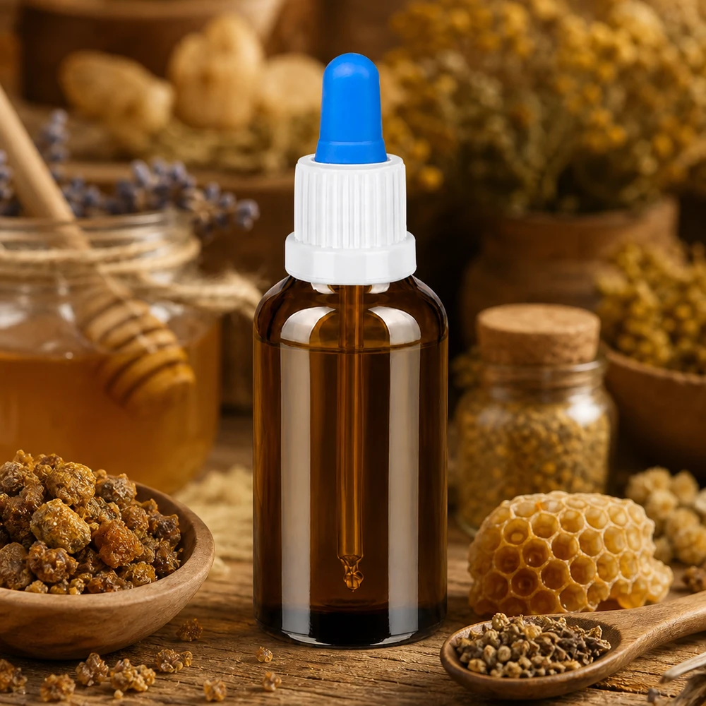 Frasco pipeta 30ml blanco/azul cierre inviolable BrownLine UT18/30 Frasco pipeta profesional de 30 ml con pipeta azul para la dosificación exacta de gotas en naturopatía