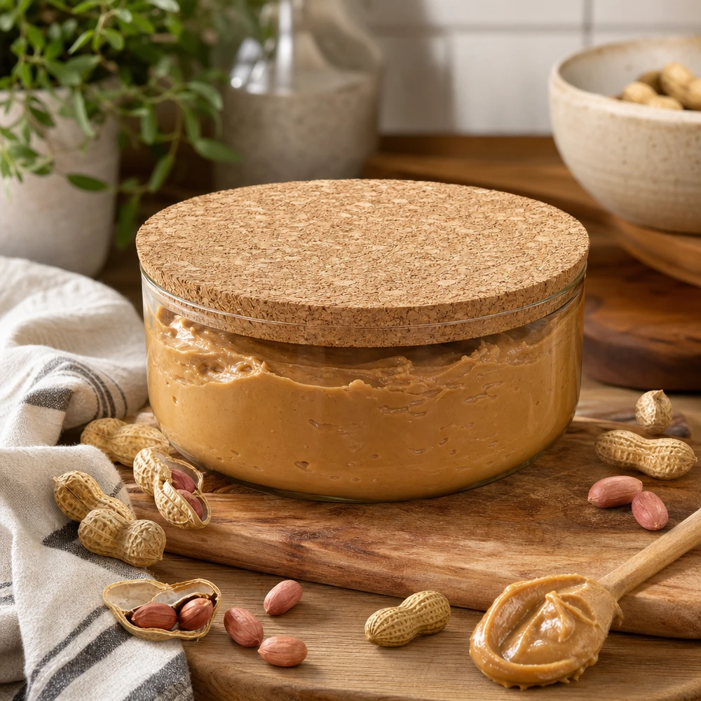 Corcho para apertura de 75mm WECK RR80 (ø72/82, H=20mm) WECK RR80 corcho natural en acogedora cocina con tarro de mantequilla de cacahuete práctico almacenamiento