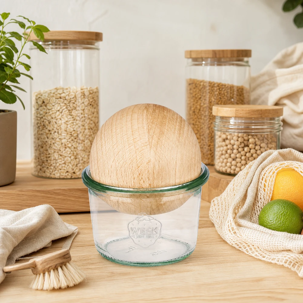 Vasos WECK 80ml RR60 con bola de madera de haya en cocina sostenible de residuo cero con tarros de caldo y bolsa de yute
