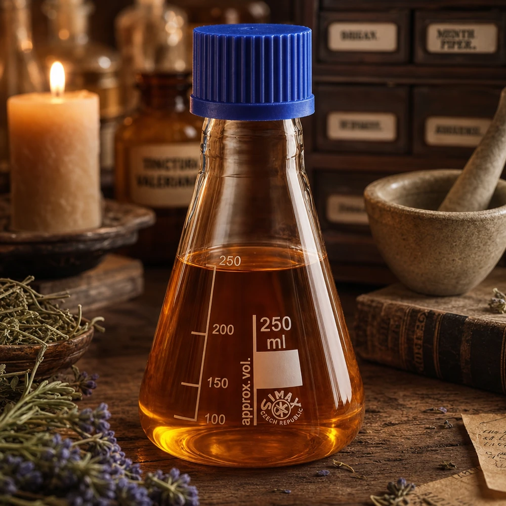 Erlenmeyer 250ml con tapón de rosca Matraz de vidrio de 250 ml en forma de Erlenmeyer con marcas de medida y tapón azul para laboratorio de química