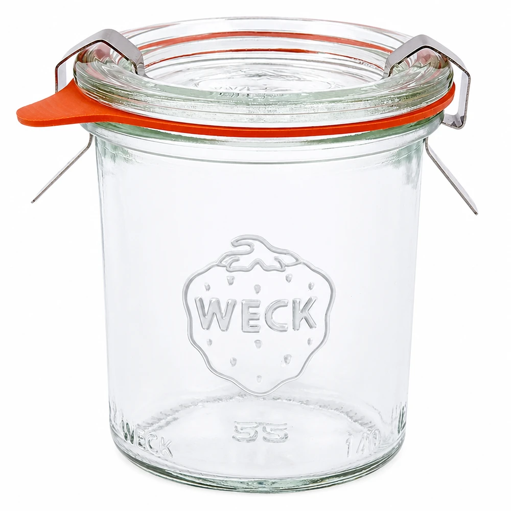 Tarro completo de 140ml WECK RR60 Juego completo de vasos RR60 WECK de 140 ml con tapa de cristal, anillo de goma y pinzas para conservas y enlatado