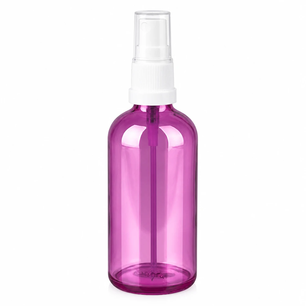Frasco pulverizador de 100 ml púrpura transparente con atomizador blanco para cosméticos y productos de cuidado