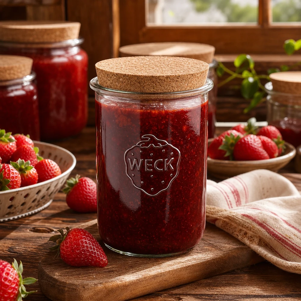 Vaso WECK 1000ml RR100 con tapa de corcho relleno de mermelada de fresa rodeado de fresas frescas cocina rústica