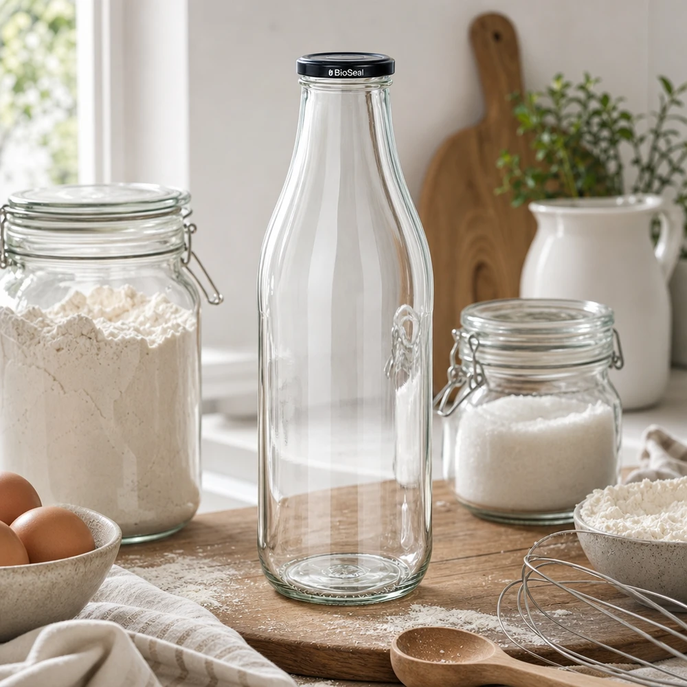 Frasco de vidrio de 1000 ml + tapa BioSeal negra UNiTWIST 1000ml botella de vidrio con tapa BioSeal en la cocina entre los frascos de almacenamiento de harina de azúcar utensilios de cocina estilo de vida
