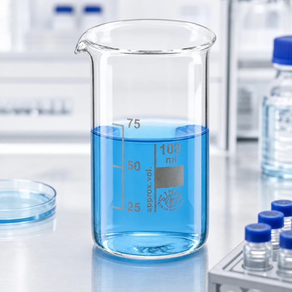Vaso de precipitados de precisión de 100 ml, de forma alta, con graduación grabada a fuego: 25, 50 y 75 ml; de vidrio borosilicato