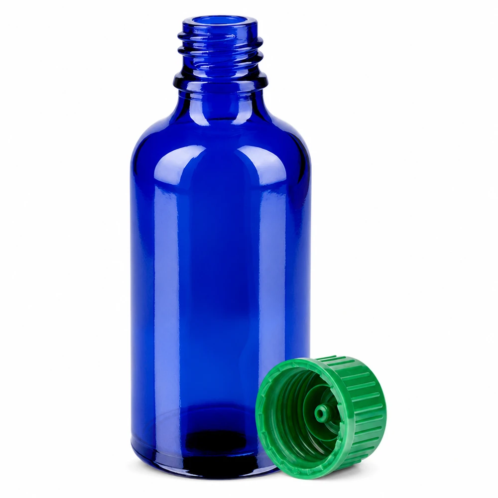 Frasco 50ml 11mm tapón rosca verde estándar BlueLine UT18/50 Frasco de vidrio ámbar de 50 ml con rosca DIN de 18 mm y tapón a prueba de niños para medicamentos