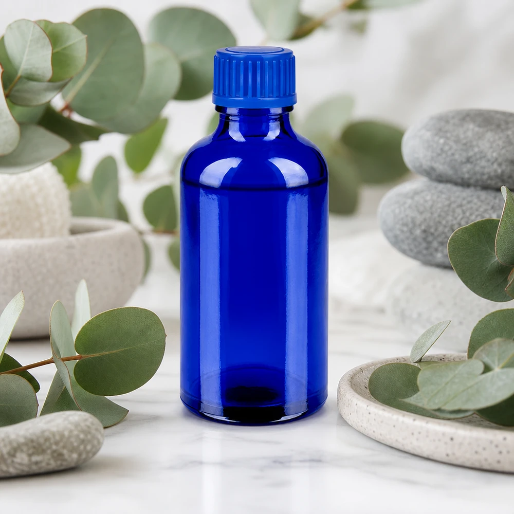 Frasco compacto de vidrio de 50 ml en elegante azul cobalto con práctico tapón de rosca de 11 mm