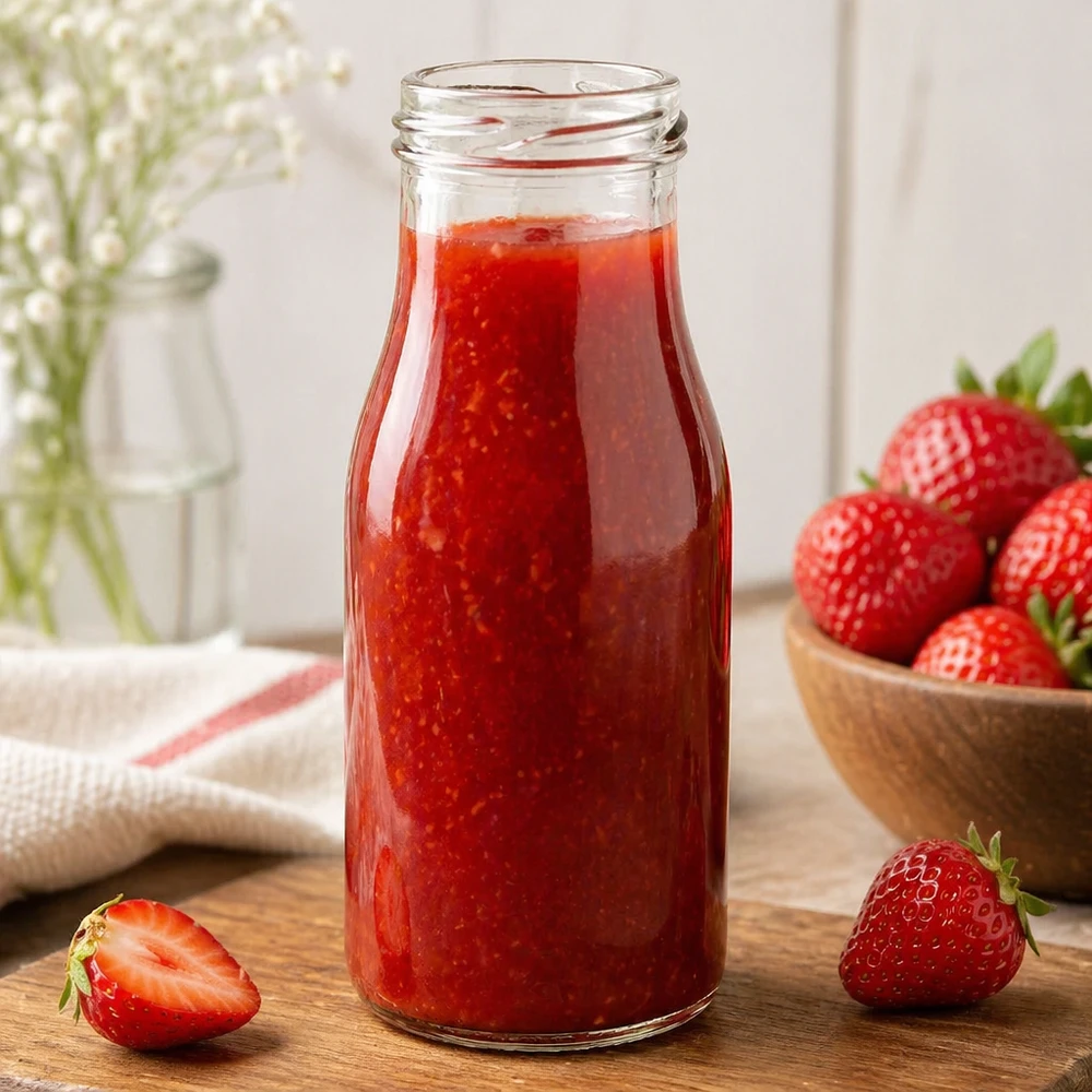 Frasco de 150ml sin tapa (TO43) UNiTWIST UNiTWIST Bottle150 Botella de cristal de 150 ml TO43 llena de zumo de fresa junto a fresas frescas sobre una mesa de madera
