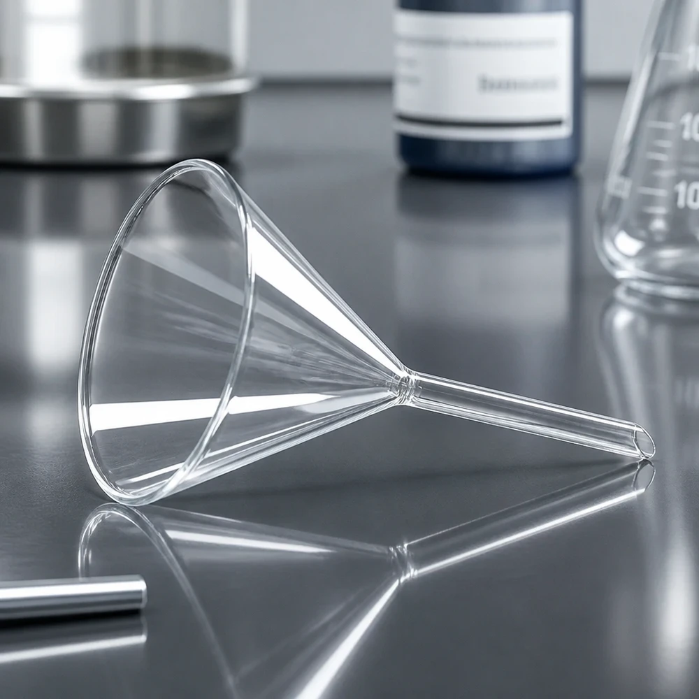 Embudo de vidrio transparente de 80 mm con un ángulo de 60° para un trasvase limpio en entornos de laboratorio
