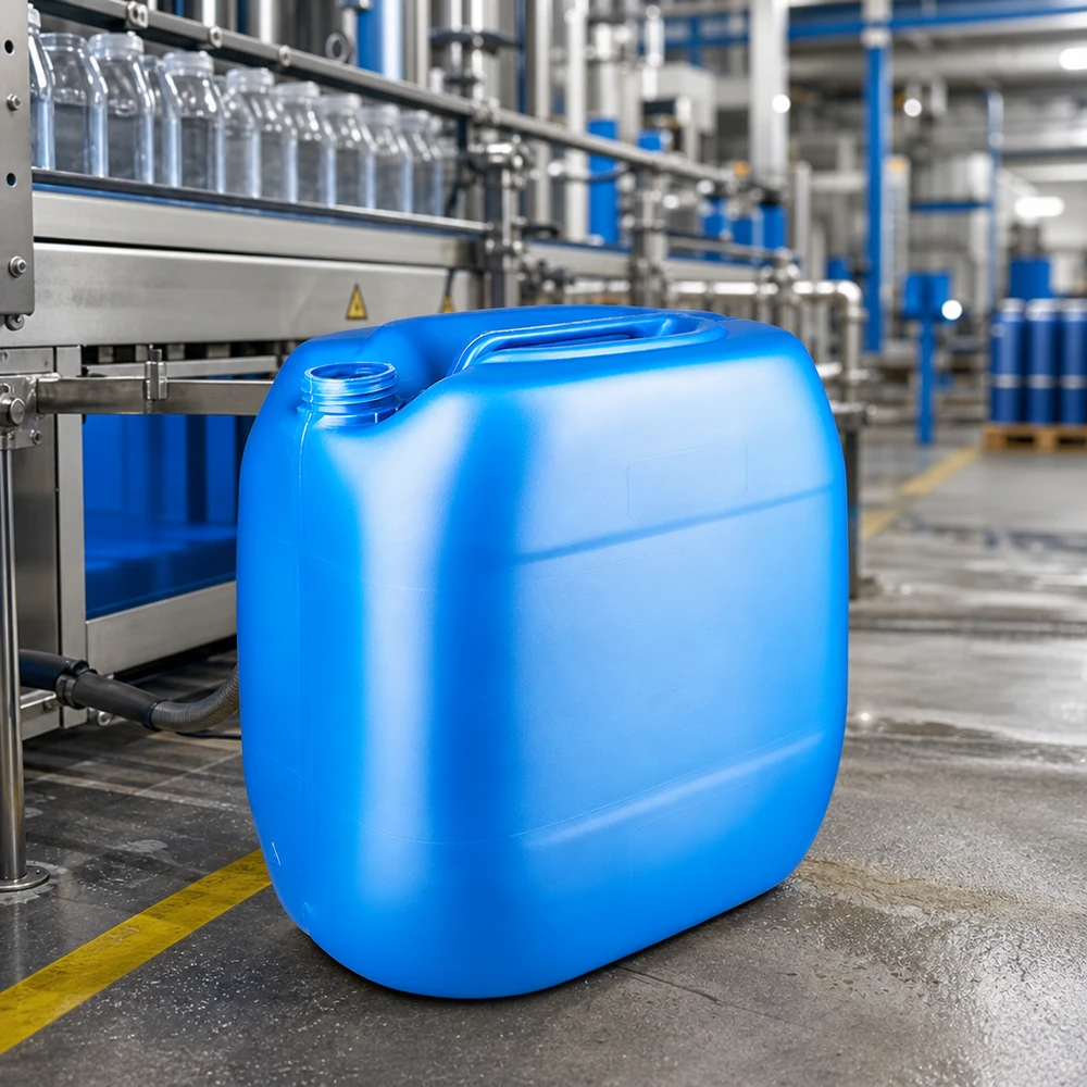 Bidón azul vacío de 30 litros sin tapa en una planta de envasado industrial