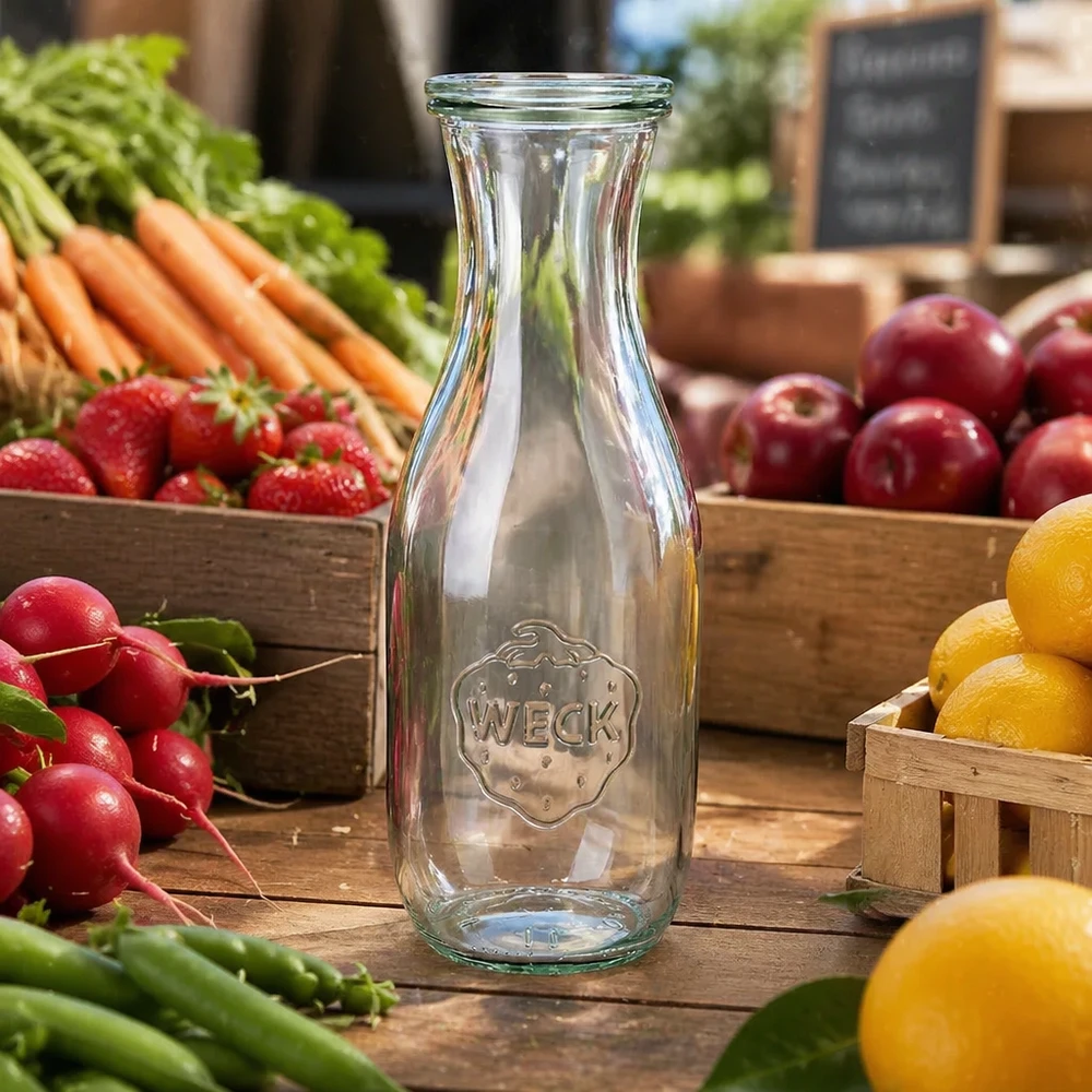 WECK botella de zumo 1062ml transparente vacía sobre mesa de madera con fruta fresca verduras rábanos zanahorias limones manzanas