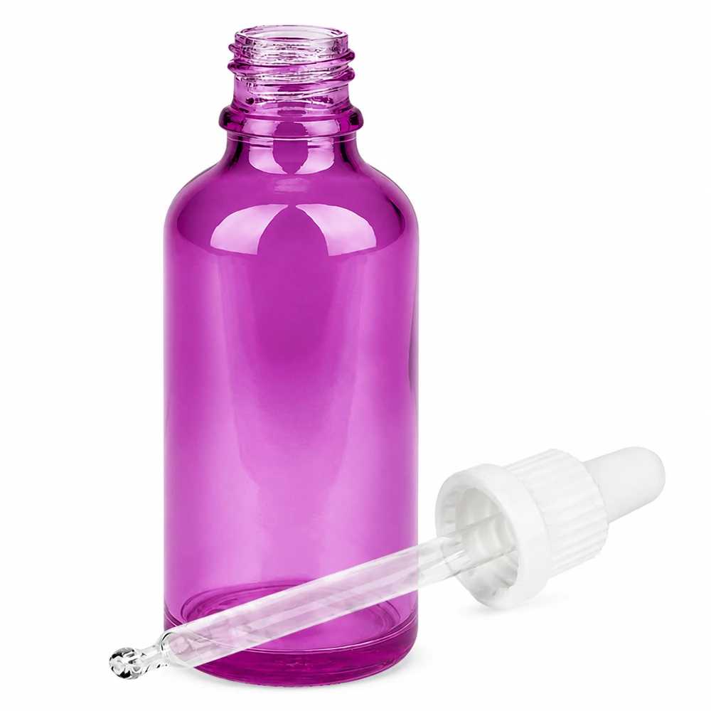 Frasco de pipeta de 50 ml tapón de rosca originalidad blanco PurpleLine UT18/50 Frasco de cristal morado de 50 ml con pipeta para cosméticos y aceites esenciales - aplicación precisa