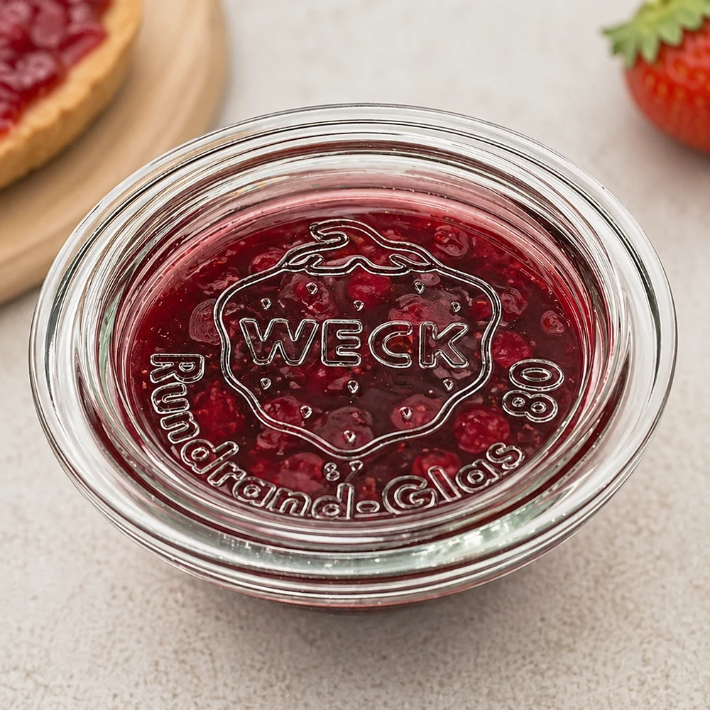 Tapa de cristal WECK RR80 WECK Glasdeckel RR80 mit Marmelade befüllt zeigt praktische Verwendung als Schale für Konfitüre und Aufstriche