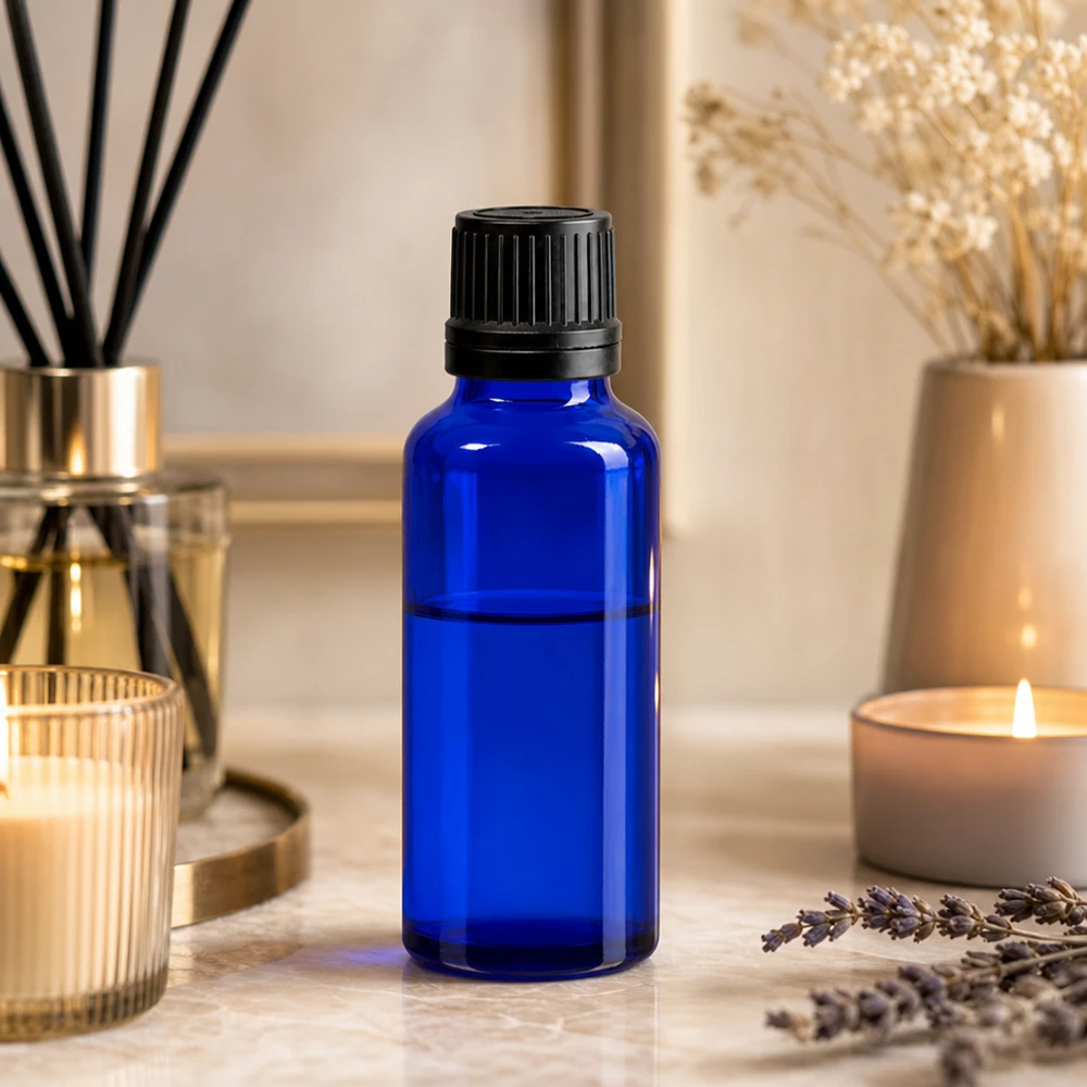 Frasco cuentagotas para aromaterapia de 30 ml, de vidrio protector azul cobalto con tapón negro OV