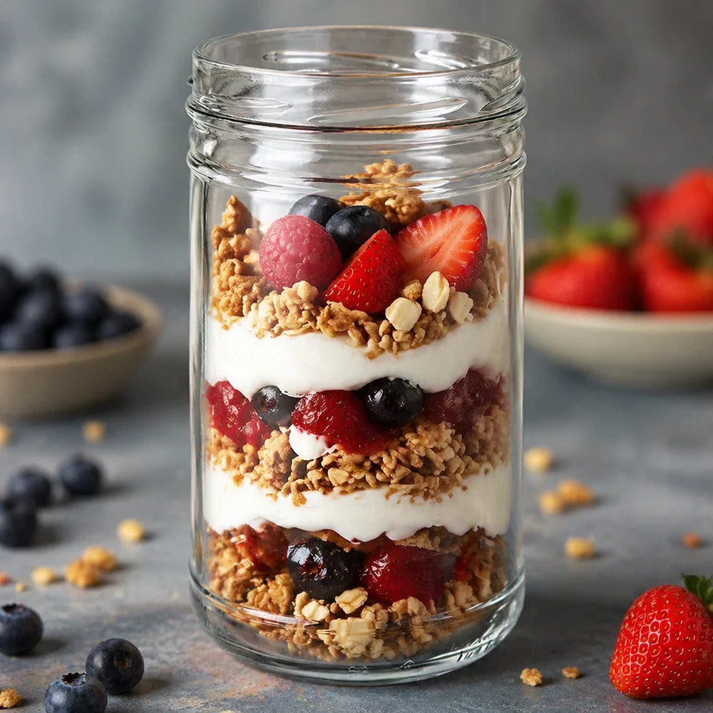 Vasos UNiTWIST 1053ml TO100 rellenos de yogur muesli bayas postre en capas como ejemplo de aplicación cocina