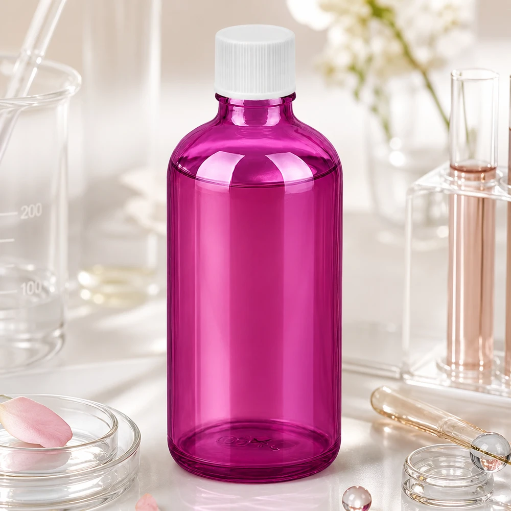 Frasco compacto de vidrio violeta de 100 ml con abertura de 11 mm para dosificar líquidos con precisión