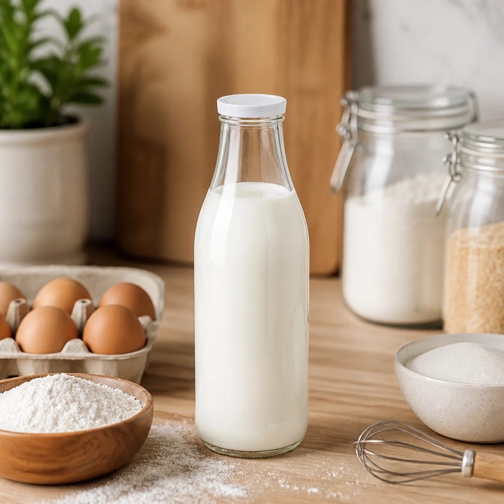 Botella de vidrio de 1000 ml + tapa BasicSeal blanca UNiTWIST Botella de cristal de 1000 ml llena de leche Tapa BasicSeal blanca Escenografía de cocina Ingredientes de repostería Huevos Harina Recipiente de almacenamiento
