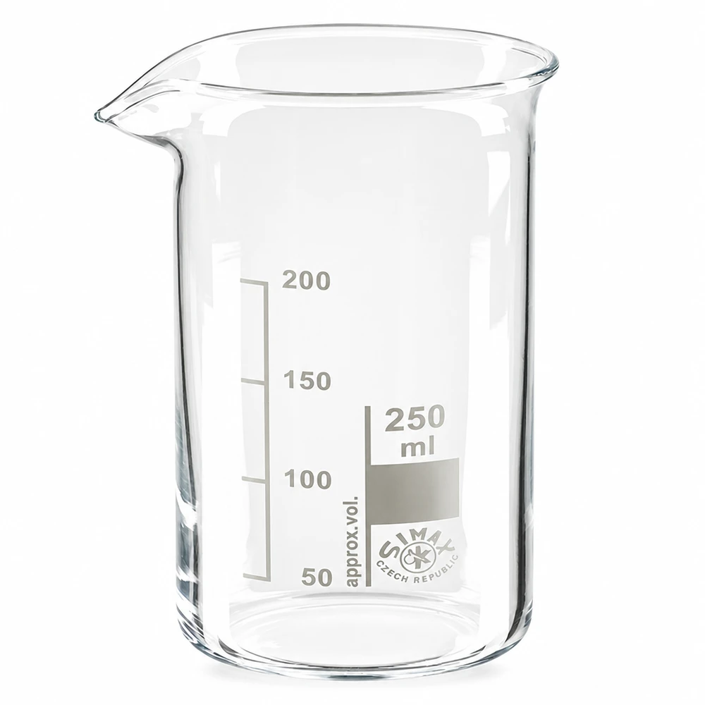 Vaso de precipitados de 250 ml, de forma alta, fabricado en vidrio borosilicato transparente con escala milimétrica para laboratorio