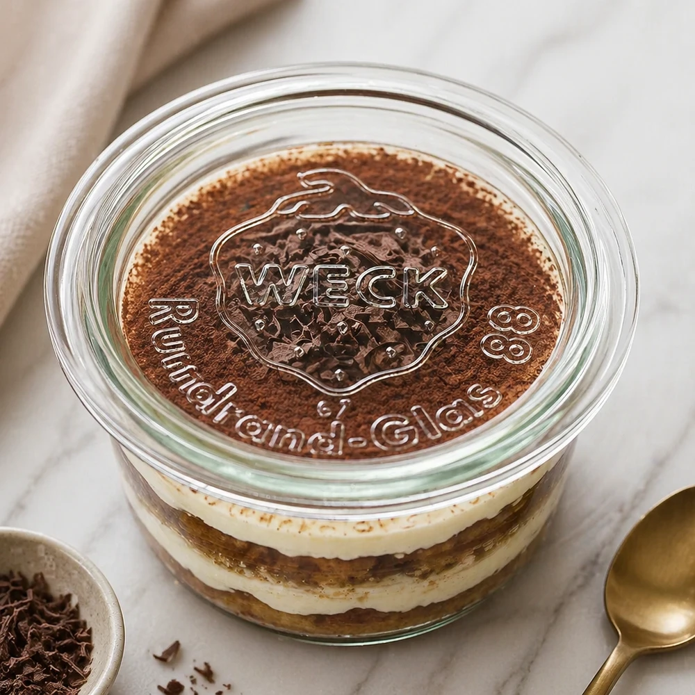 Tapa de cristal WECK RR80 Tapa de cristal WECK RR80 sobre postre tiramisú en tarro Weck con logotipo en relieve y cacao espolvoreado como escena de cocina