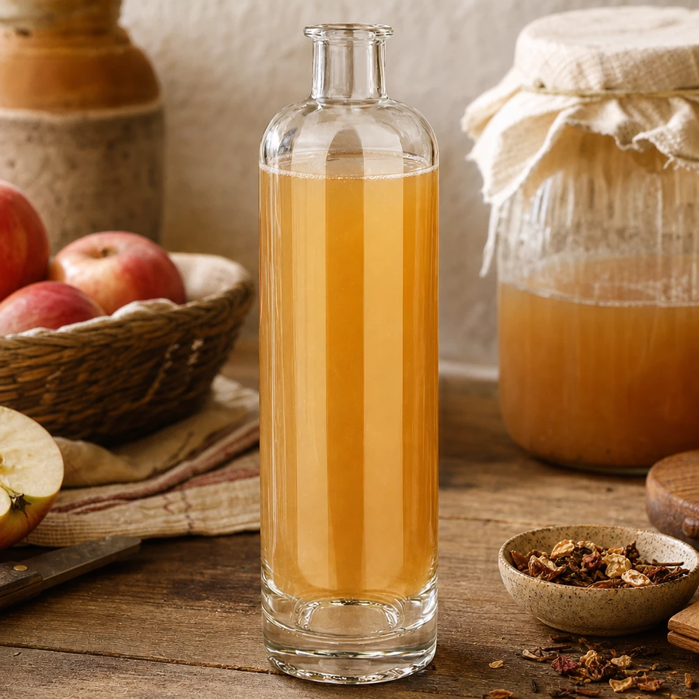 Botella de vidrio de 500 ml «Ella» sin tapón UNiTWIST® Botella de cristal de 500 ml de Ella UNiTWIST llena de zumo de manzana junto a manzanas frescas y miel paisaje rústico de cocina