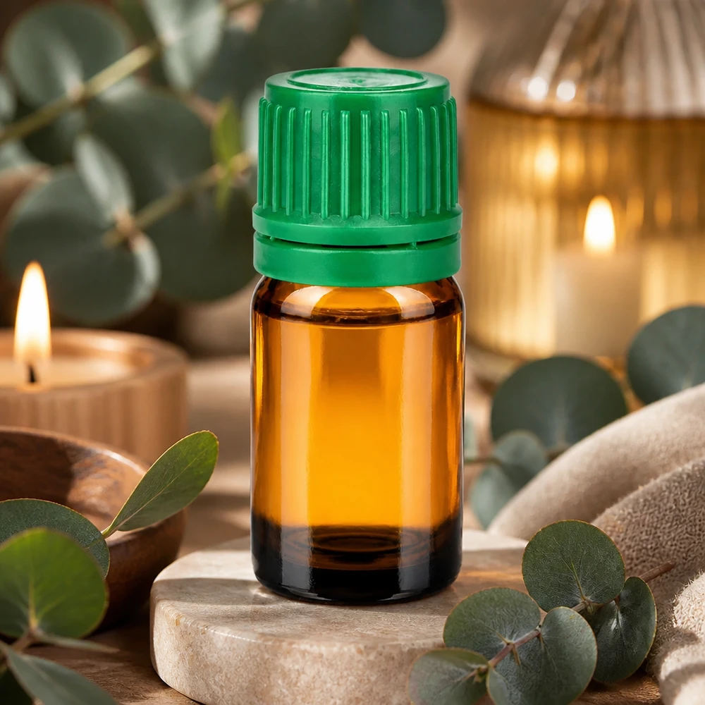 Pequeño frasco de aromaterapia de 5 ml de vidrio marrón con tapón verde a prueba de niños