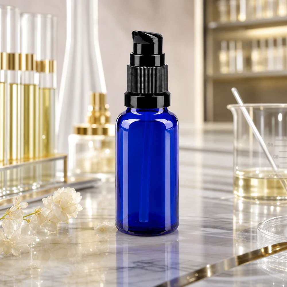 Botella de farmacia azul 20ml tapón bomba negro estándar Frasco azul con dosificador de 20 ml, de cristal de farmacia, en un laboratorio con vaso de precipitados y tubos de ensayo
