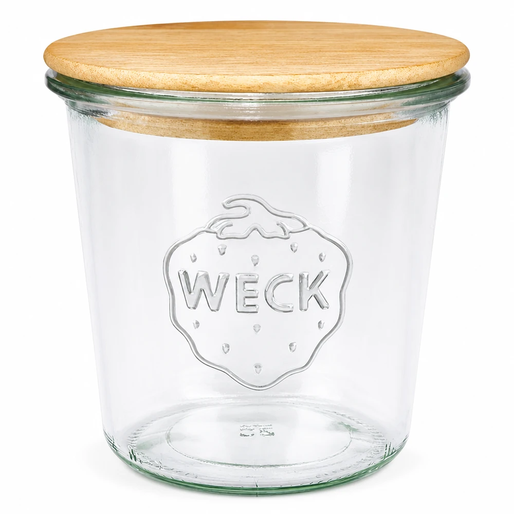 Vaso WECK RR100 de 580ml con tapa de madera Tarro de cristal WECK RR100 de 580 ml con tapa de madera natural, tarro de cristal transparente con logotipo en relieve