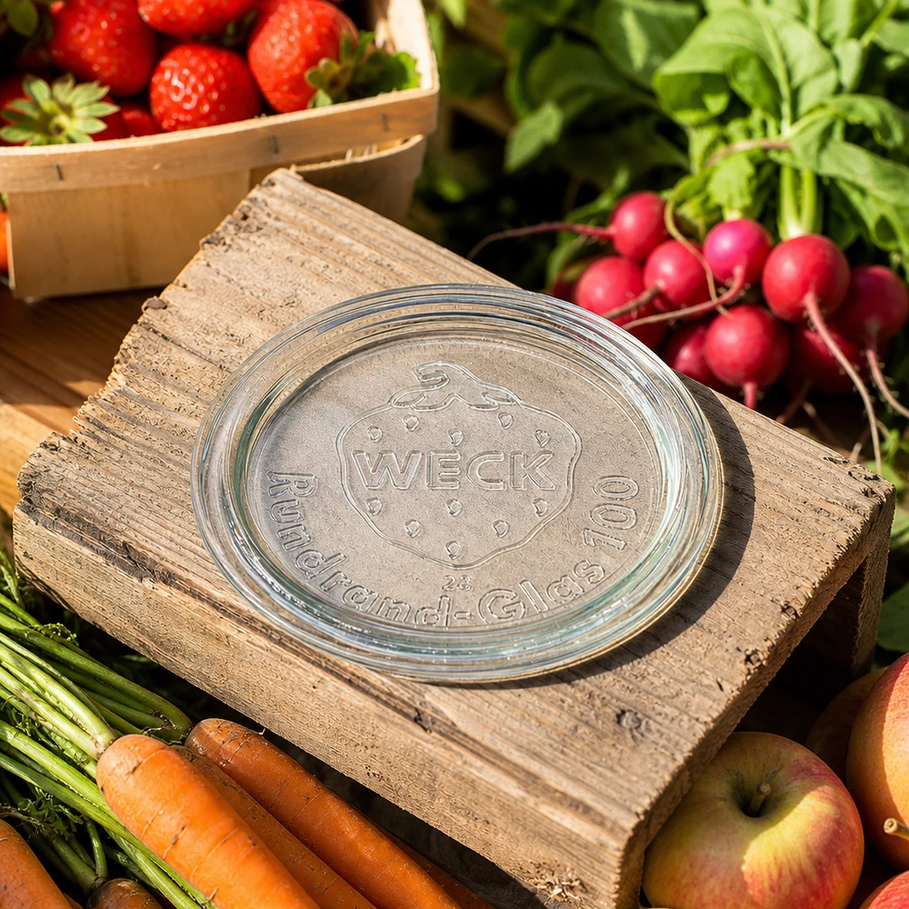 Tapa de tarro WECK RR100 Tapa de cristal WECK RR100 sobre tabla de madera con verduras frescas, fruta y fresas en un jardín