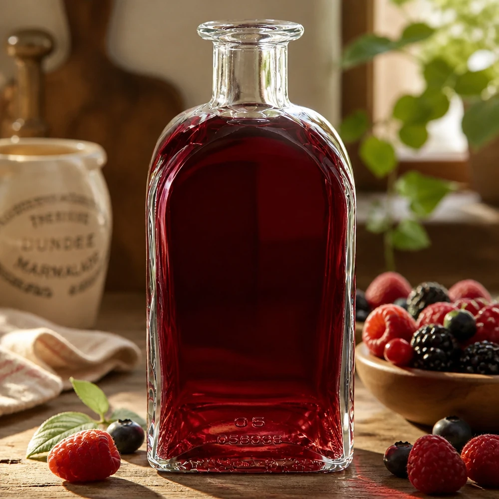 Botella de farmacia «Julia» de 500 ml sin tapón UNiTWIST® Botella de cristal Julia 500ml llena de líquido rojo rodeada de bayas como decoración sobre mesa de madera