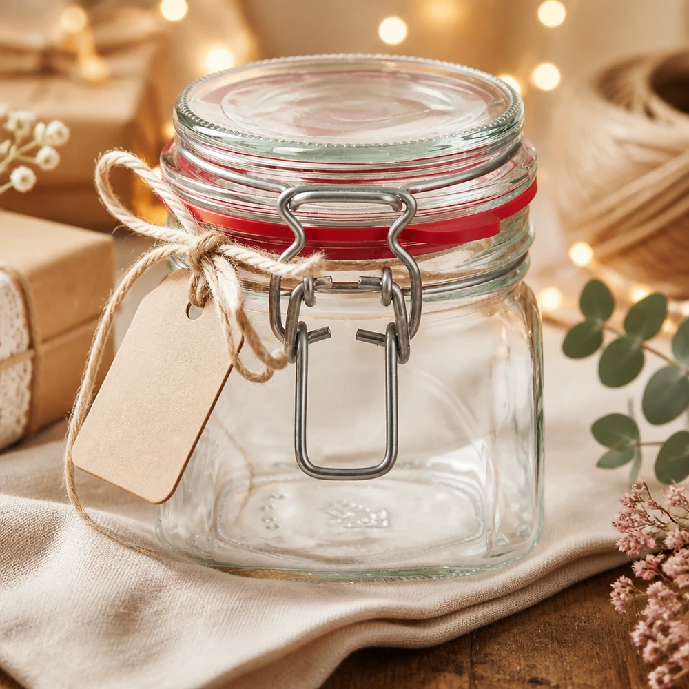Tarro de cristal tipo G de 370 ml con cierre de clip UN... Tarro compacto de 370 ml con asa de metal y etiqueta decorativa de regalo de papel kraft