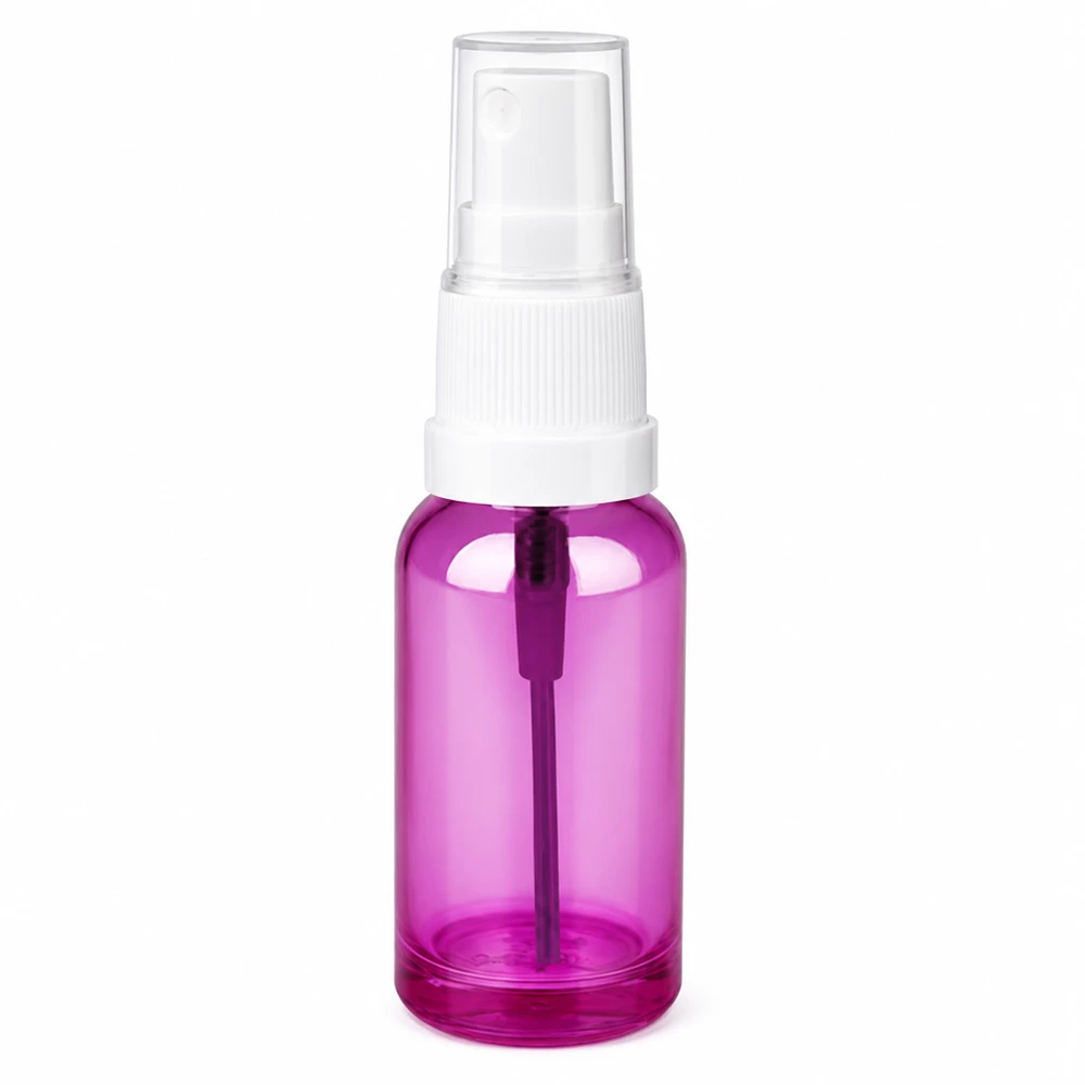 Frasco pulverizador de 20 ml transparente púrpura con pulverizador de bomba blanco para cosméticos y productos de cuidado