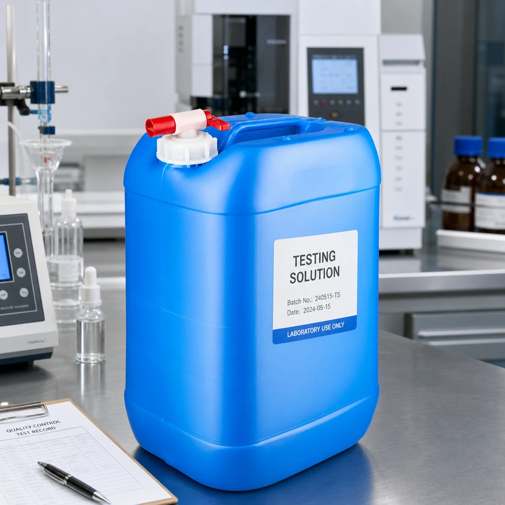 Bidón 25 litros azul con grifo de vaciado Bidón de laboratorio azul de 25 litros con grifo de salida sobre una mesa de acero inoxidable junto a los aparatos de laboratorio