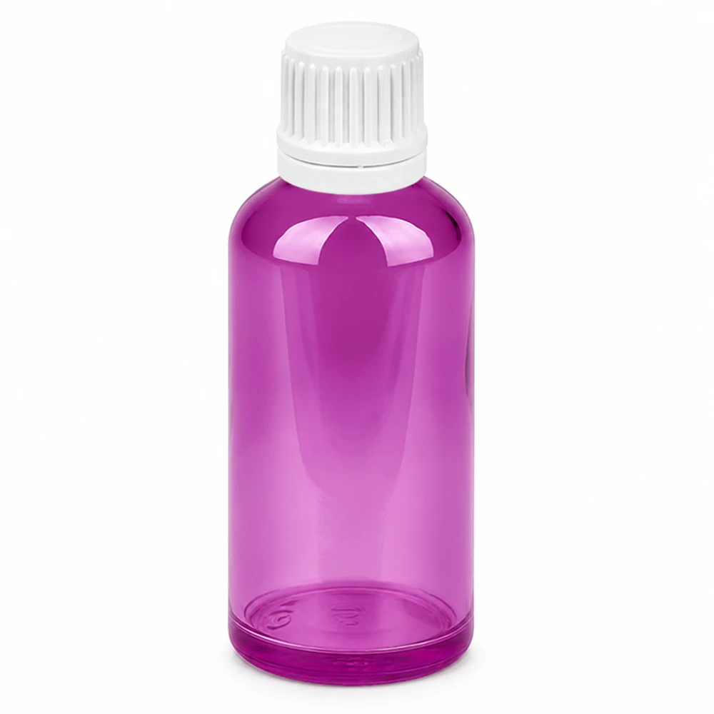 Frasco cuentagotas de 50 ml de color púrpura transparente con tapón blanco para una dosificación precisa