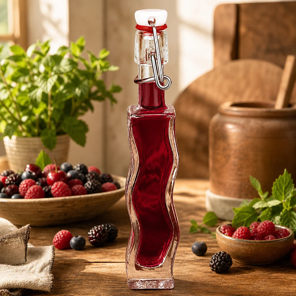 Botella de vidrio de 40 ml «Fila» con tapón de PVC UNiTWIST® 40ml Glasflasche Anna mit Beerensaft gefüllt, dekorativ arrangiert mit frischen Beeren und Minze auf Holztisch