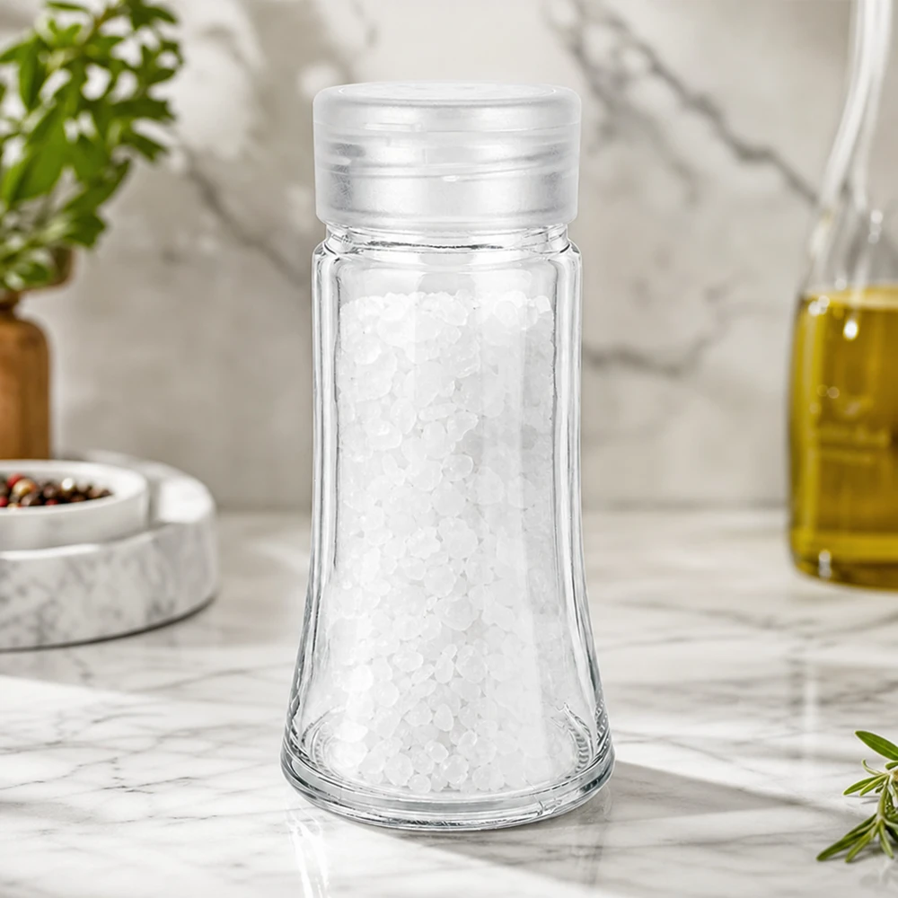 Salero de cristal de 95 ml lleno de sal marina gruesa sobre una encimera de mármol blanco