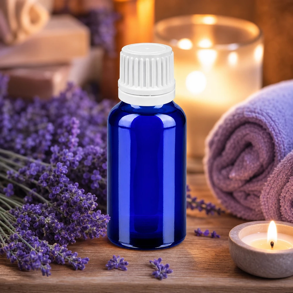 Frasco cuentagotas BlueLine de 20 ml con tapón OV blanco para aceites esenciales y cosméticos