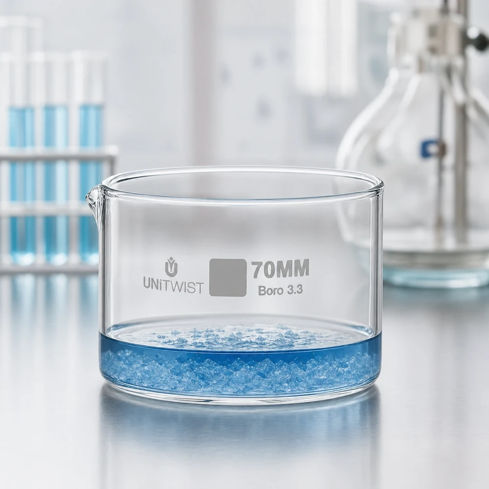 Bandeja de cristalización UNiTWIST de ø70 mm, Boro 3.3, con cristales azules sobre una mesa de laboratorio