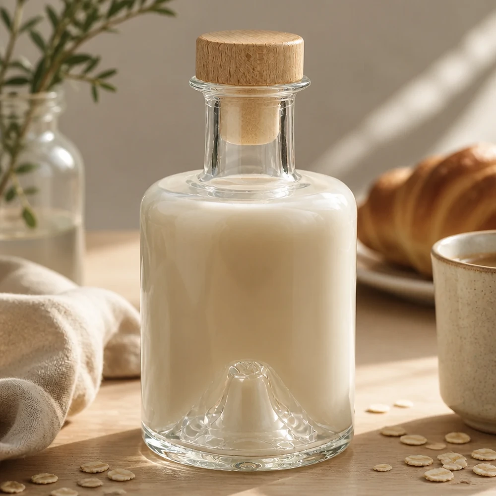 Botella de farmacia de 200 ml «Sofia» con tapón de corcho con asa de madera UNiTWIST® Botella de cristal Sofía de 200 ml con tapón de madera rellena de cremosa leche de avena en un ambiente de cocina natural con copos de avena