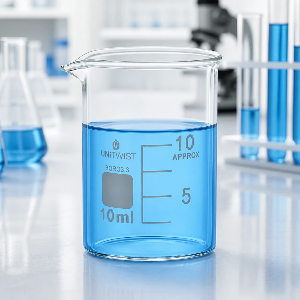 Vaso 10ml borosilicato, molde bajo UNiTWIST Vaso de precipitados transparente de 10 ml con un líquido azul sobre una mesa de laboratorio blanca
