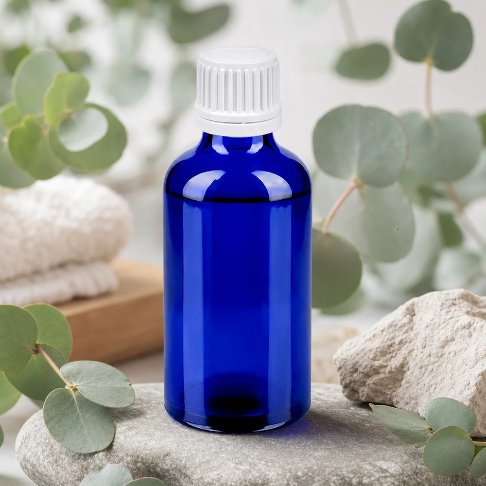 Frasco compacto de vidrio de 50 ml con rosca de 11 mm en elegante color azul para aplicaciones de aromaterapia