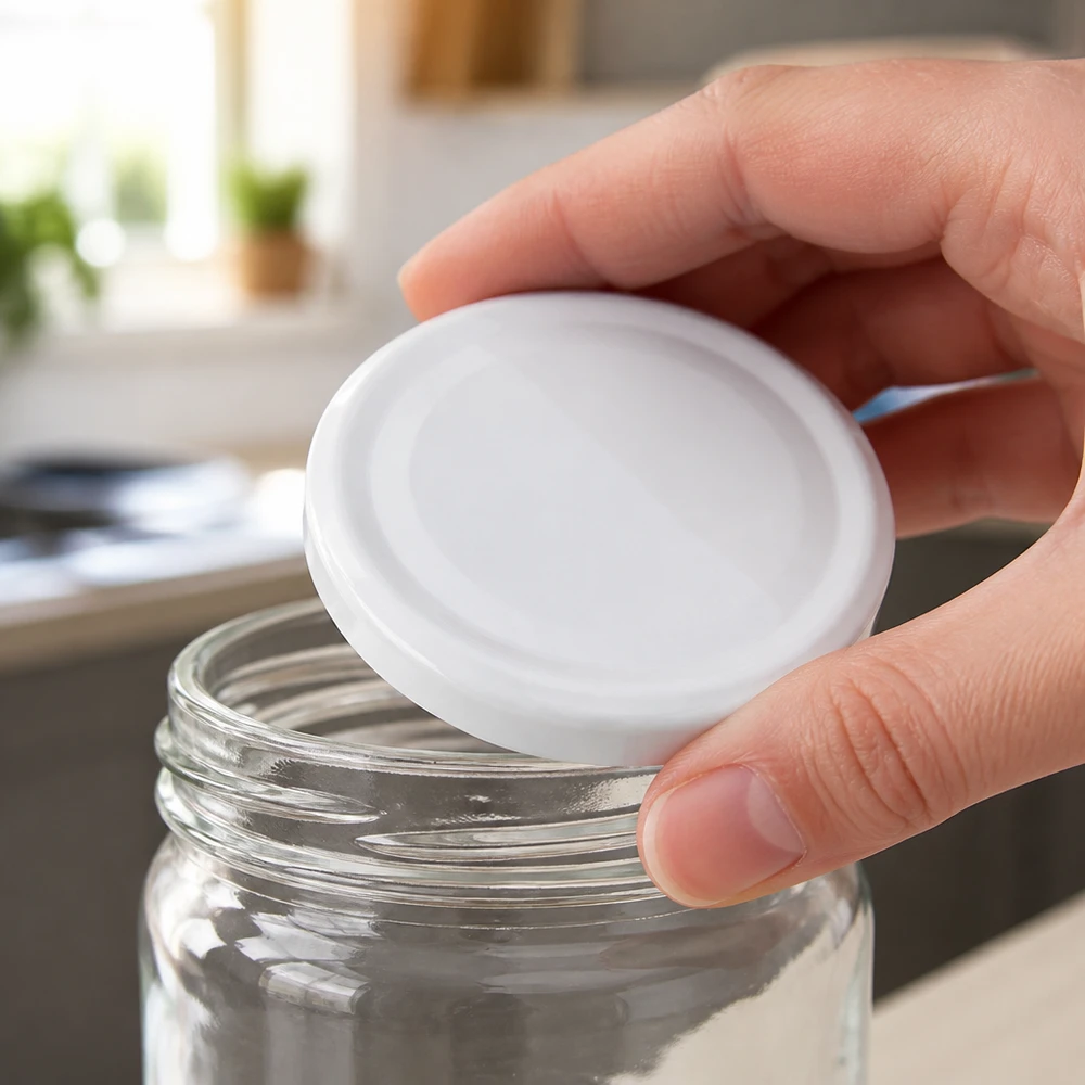 El tarro de conserva vacío se cierra con una tapa blanca BasicSeal TO48 de 48 mm de UNiTWIST.