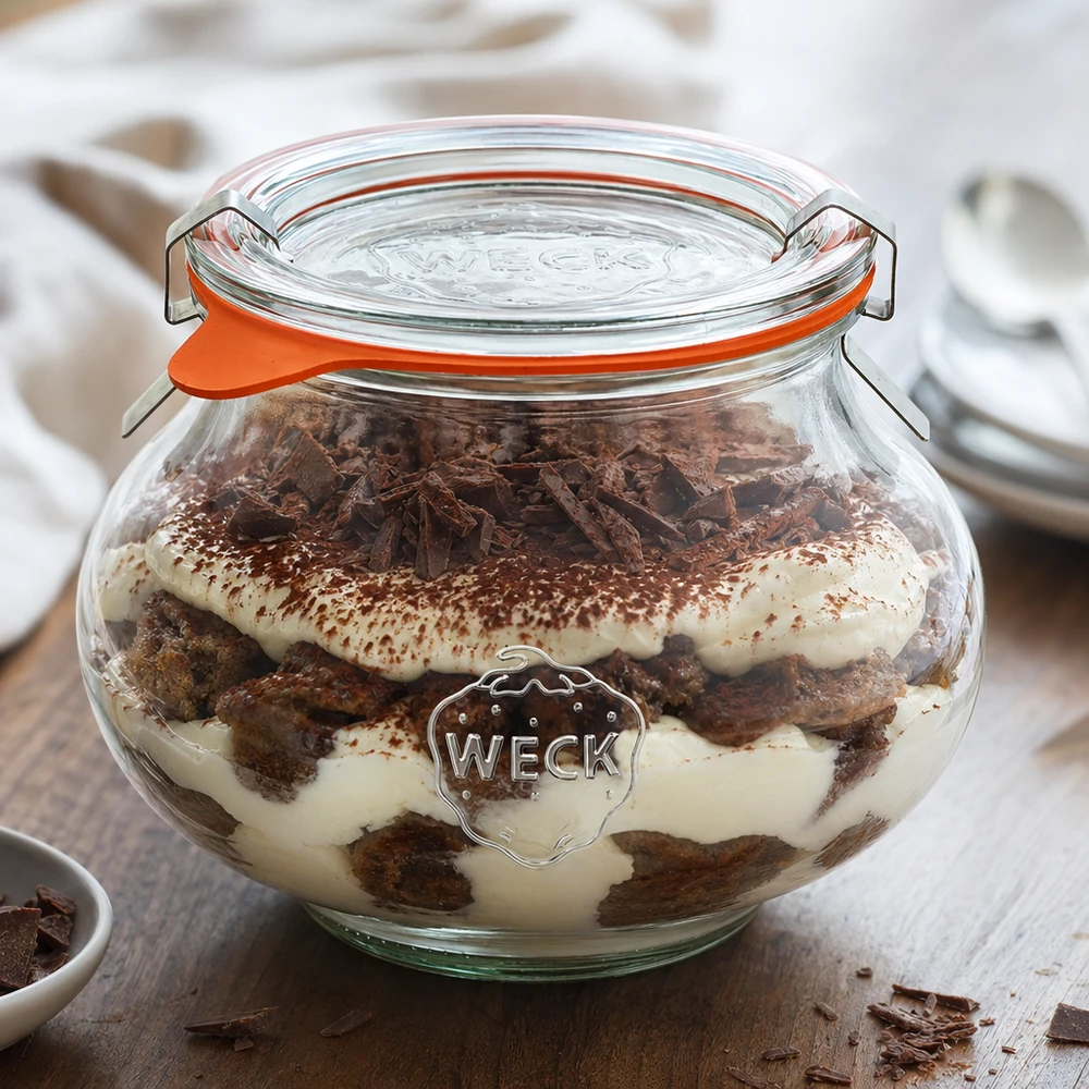 Tarro de conserva WECK de 560 ml lleno de postre tiramisú, demostración de uso práctico como tarro de conserva