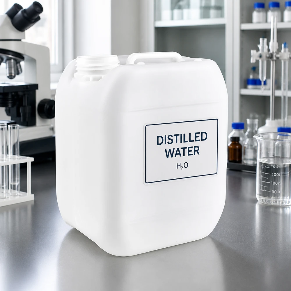Jerrycan 5 litros sin tapón Bidón de 5 litros sin tapón con la inscripción «Agua destilada» en el laboratorio
