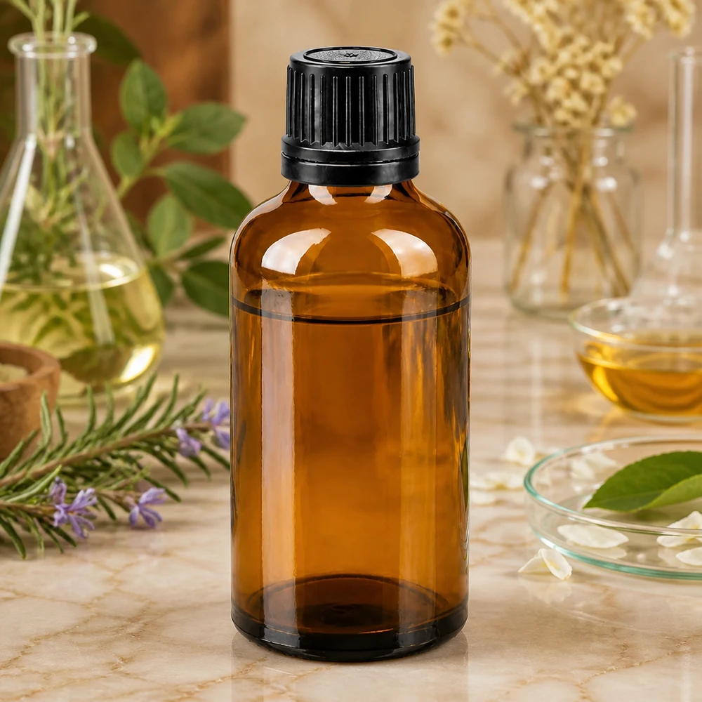Frasco de vidrio ámbar de 50 ml con tapón OV negro, vidrio de farmacia de 8 mm, Rosmarín, cosmética natural