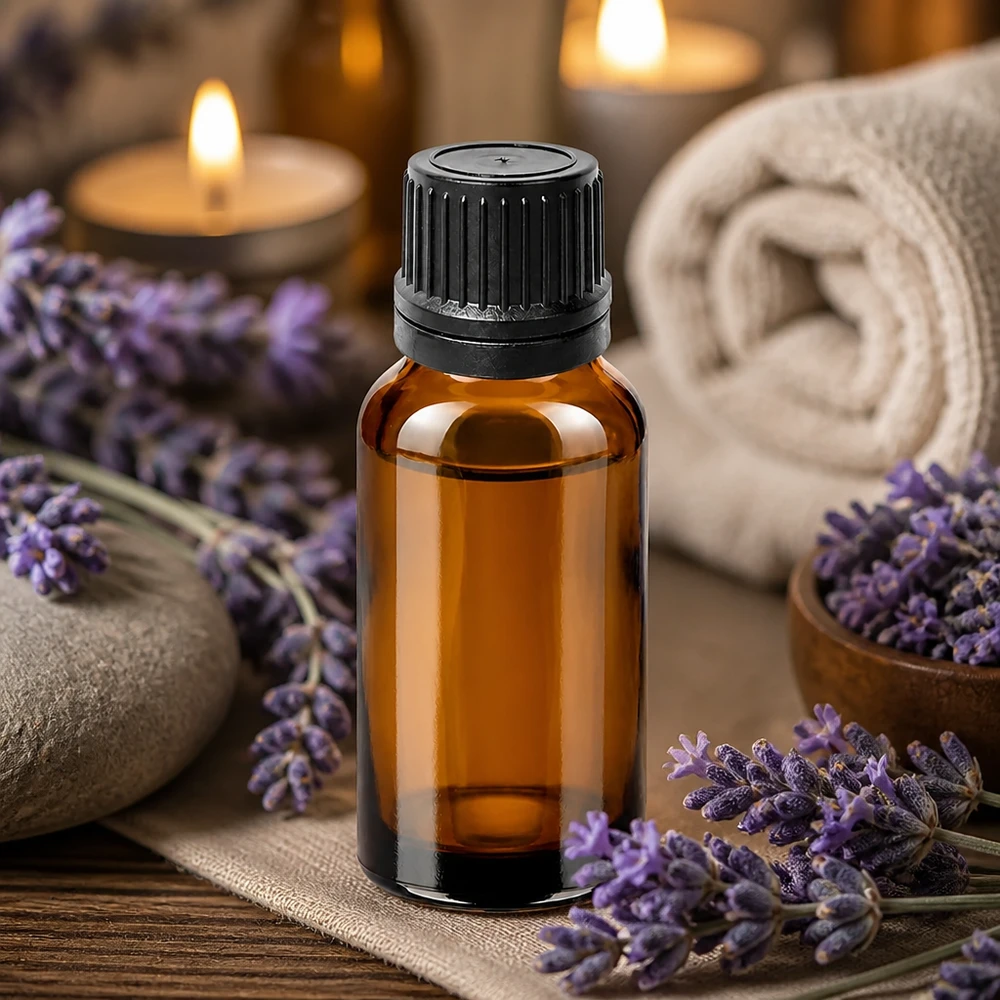 Aromaterapia frasco gotero 20ml marrón para aceite de lavanda y fragancias naturales con tapón negro