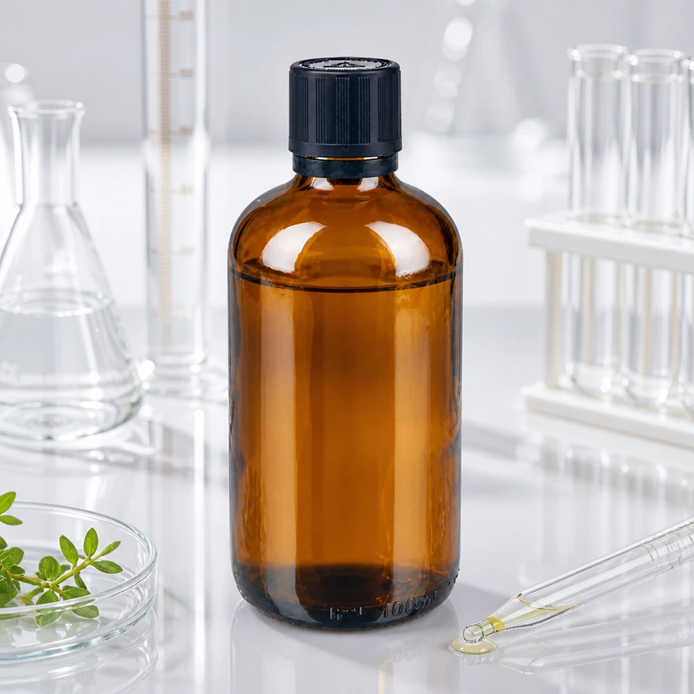 Botella de farmacia marrón 100ml tapa de goteo premium 1mm negro dispositivo de seguridad para niños símbolo de advertencia ciego cierre inviolable Frasco de vidrio ámbar de 100 ml con tapón negro a prueba de niños en el laboratorio, entre un matraz Erlenmeyer y unos tubos de ensayo