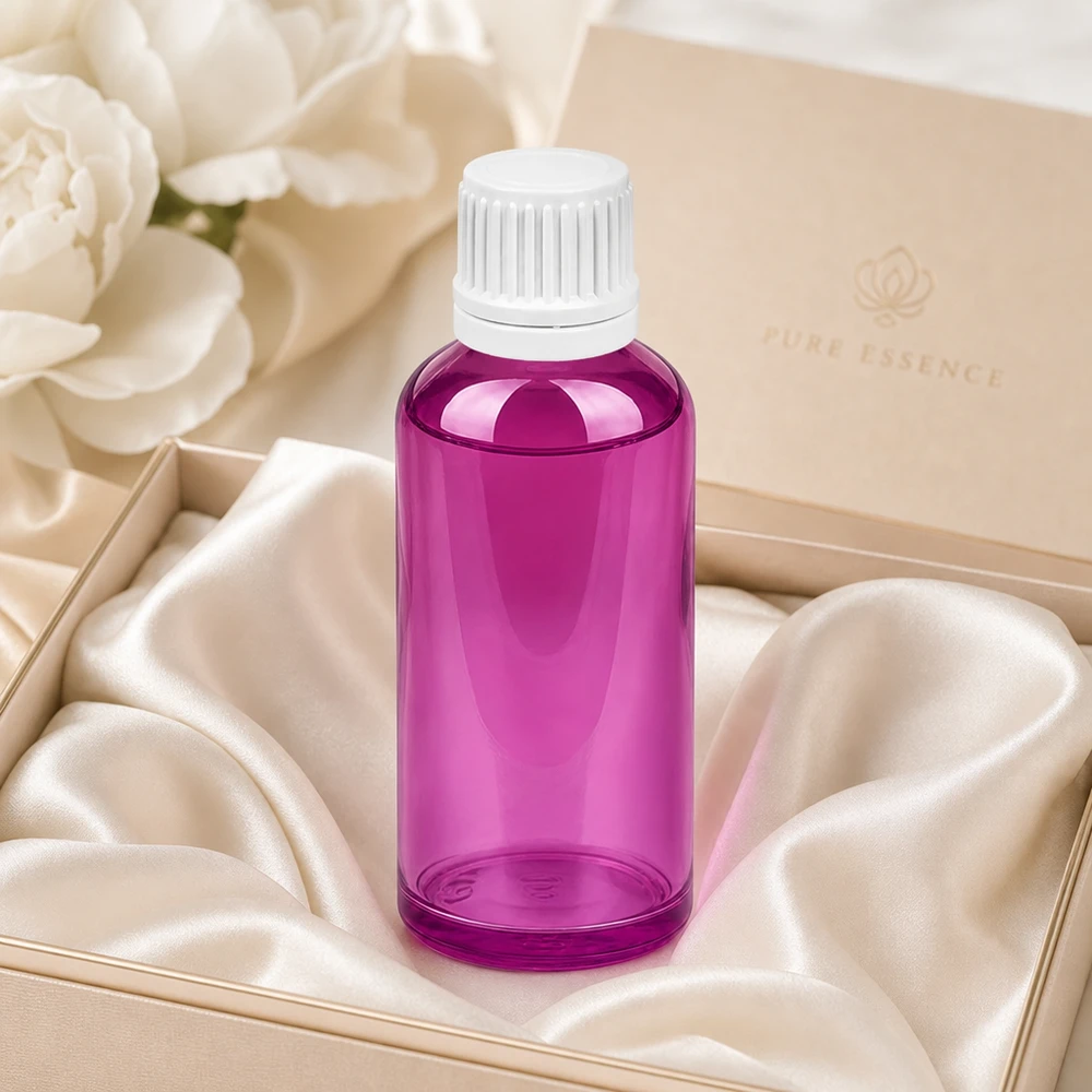 Elegante frasco cuentagotas de 50 ml con diseño Purple Line y tapón blanco para aromaterapia