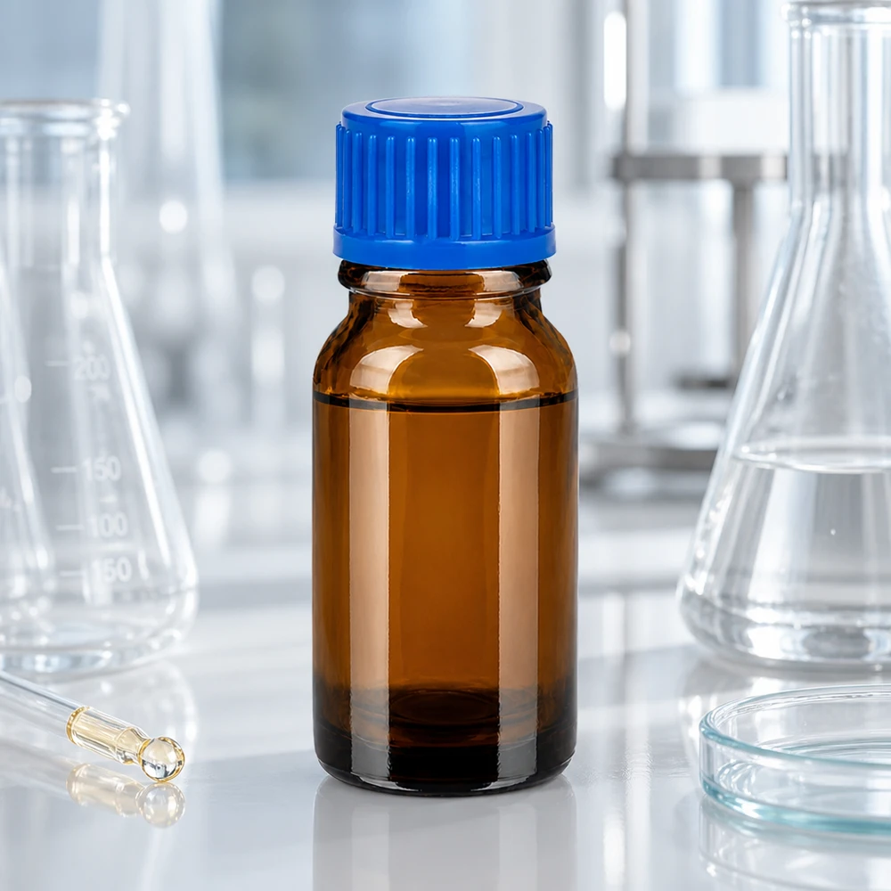 Frasco de vidrio de calidad de laboratorio de 10 ml de color marrón con tapón de rosca azul para una dosificación precisa