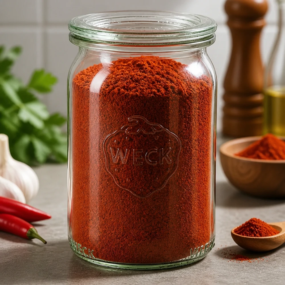 WECK Tarro cilíndrico RR40 de 145 ml lleno de pimentón rojo en polvo en una escena de cocina con especias y guindillas