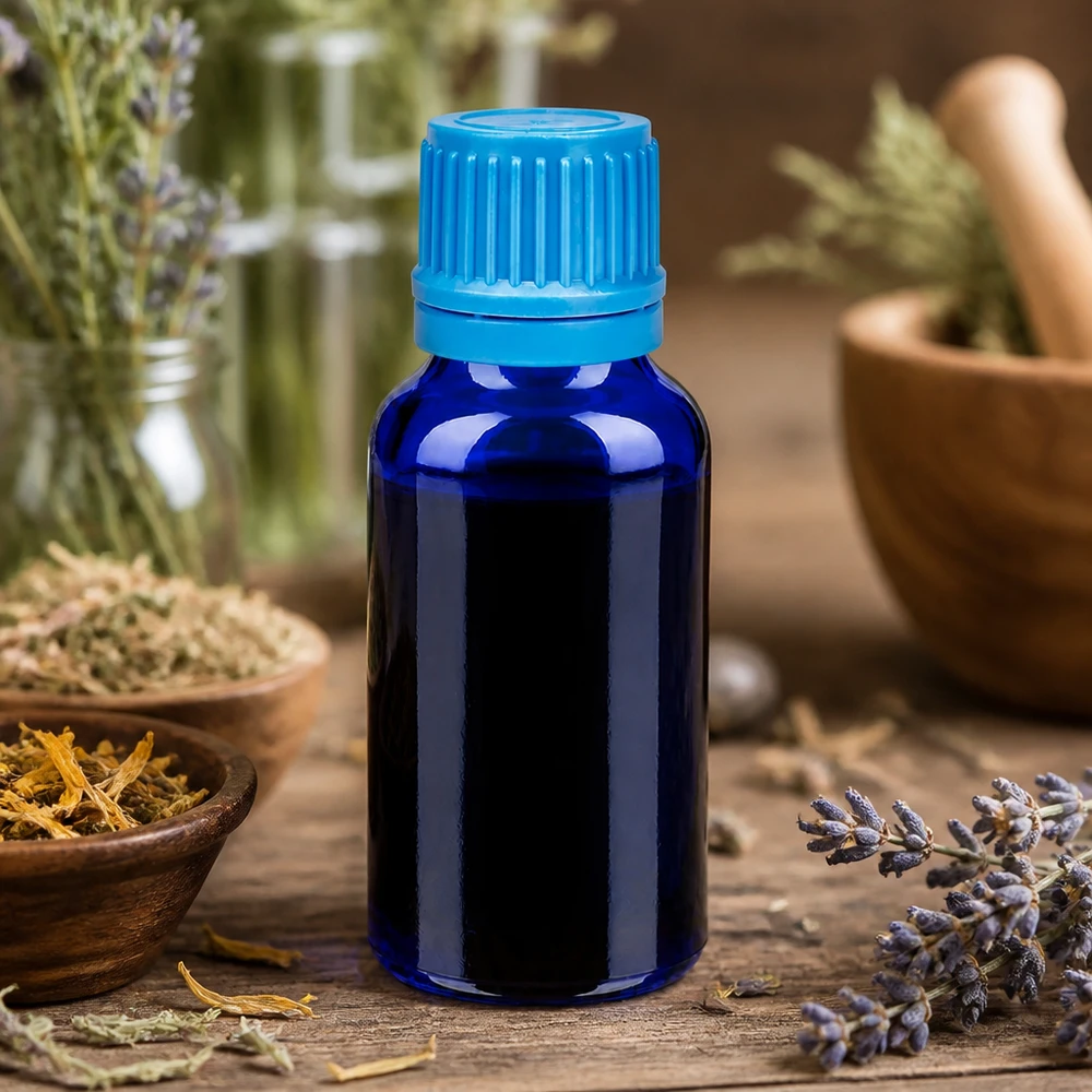 Frasco profesional BlueLine de 20 ml con original tapón turquesa para cosméticos naturales y extractos de hierbas